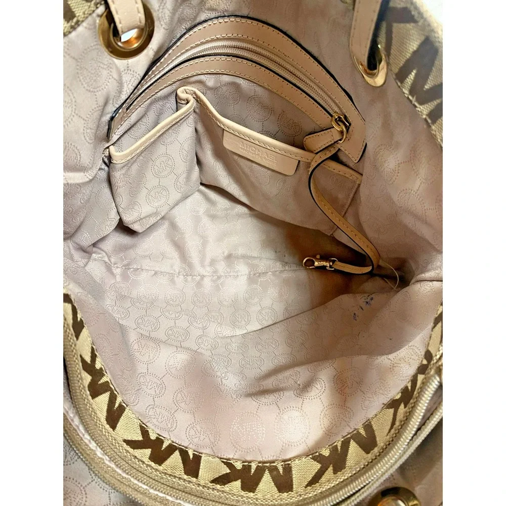 Michael Kors Large Jet Set Travel Tote Vanilla Tan Monogram Canvas Handbag Purse